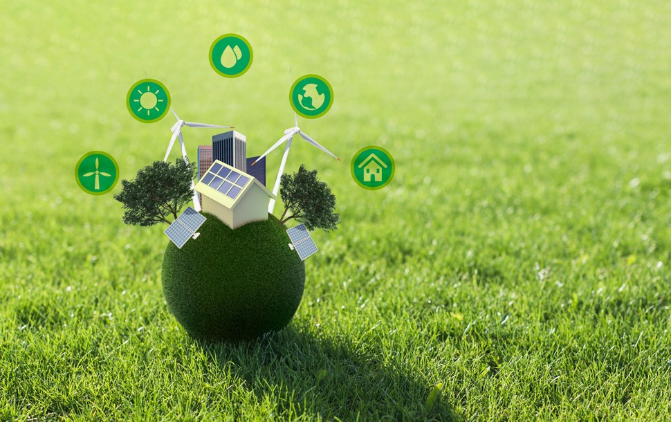 Maqueta de energías renovables: solar, eólica y agua