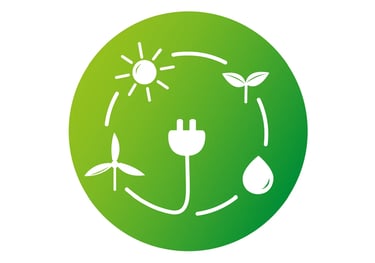 Ícono de energía renovable: sol, viento, agua y electricidad