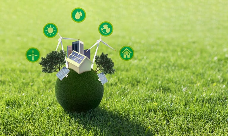 Maqueta de energías renovables: solar, eólica y agua